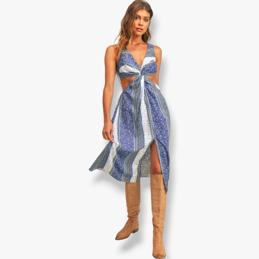 SAGE THE LABEL Yemya Floral Cutout Twist Front Midi Dress Blue